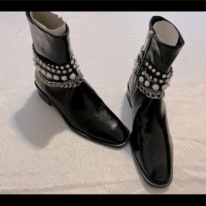 Chain & pearl studded ankle boots